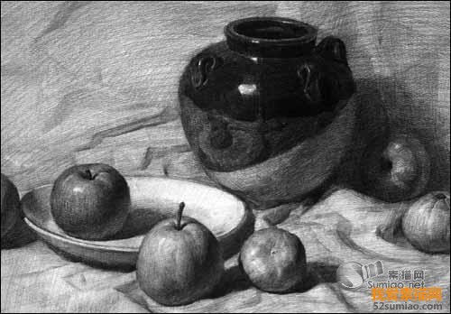匡鵬智素描靜物_陶罐,水果,盤子