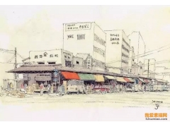 淡彩小鎮插畫 鉛筆淡彩城市街景畫 有點色彩的小城鉛筆畫